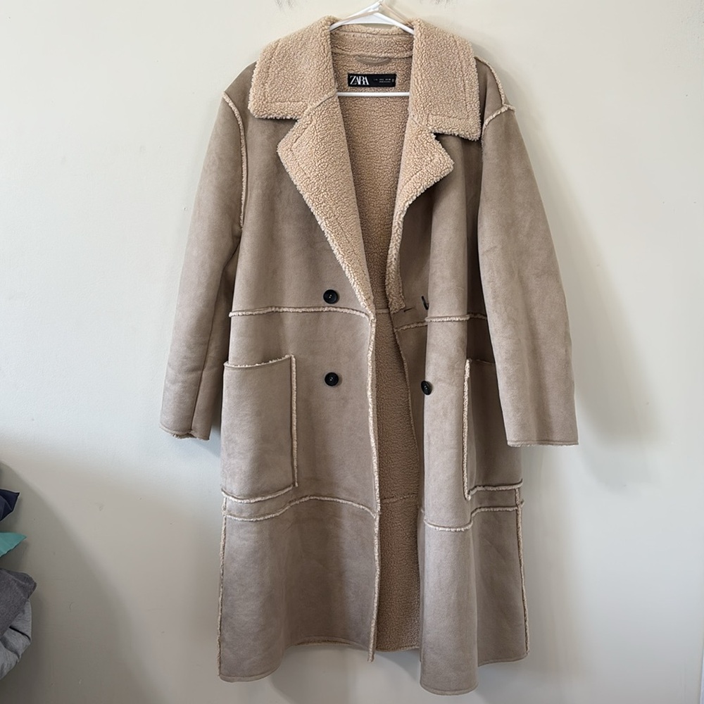 ZARA Contrasting Fleece Suede Long Coat Size Large - Picture 11 of 14